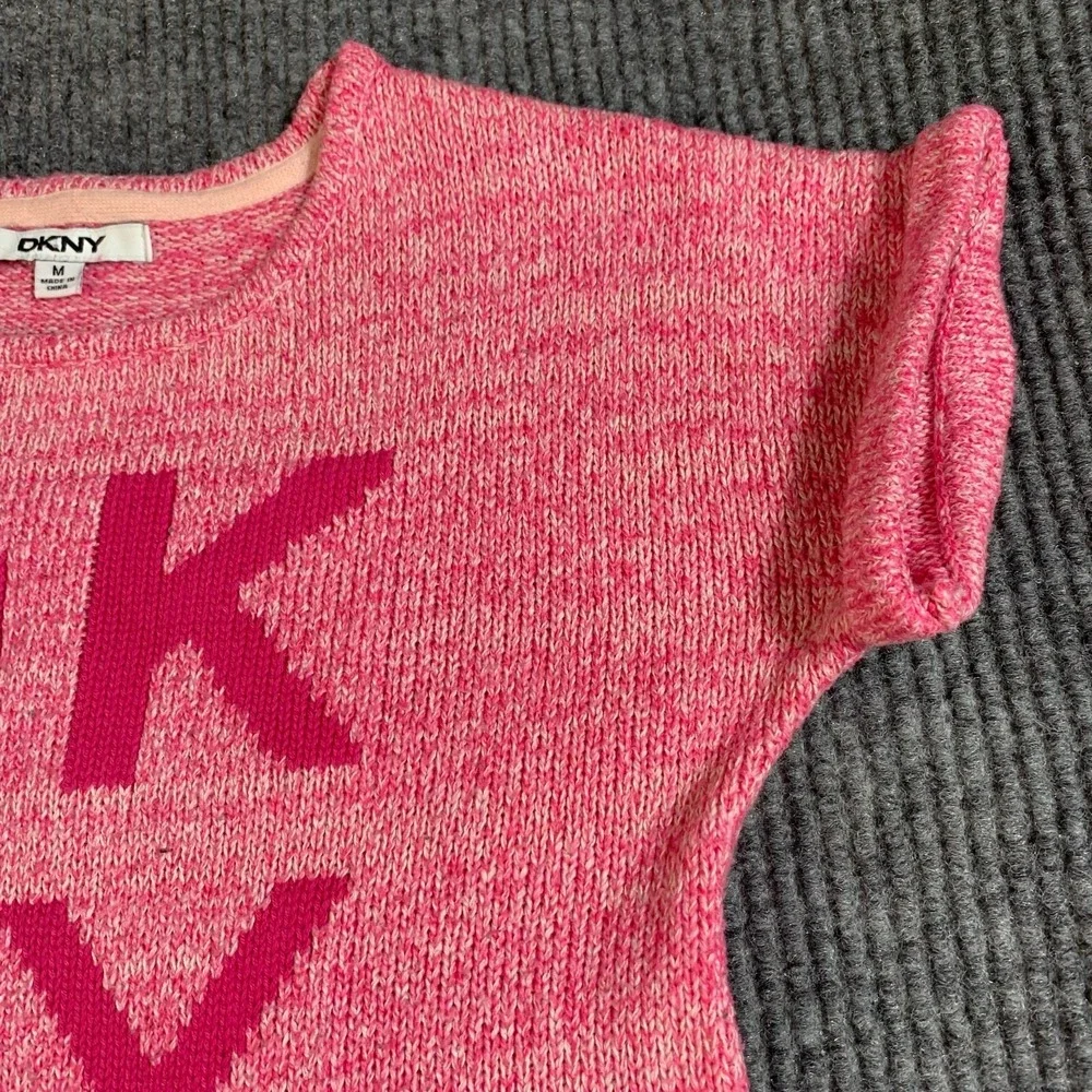 DKNY Sweater Dress Girls Medium Pink Short Sleeve Spell Out Cotton Blend Flare - Picture 4 of 14